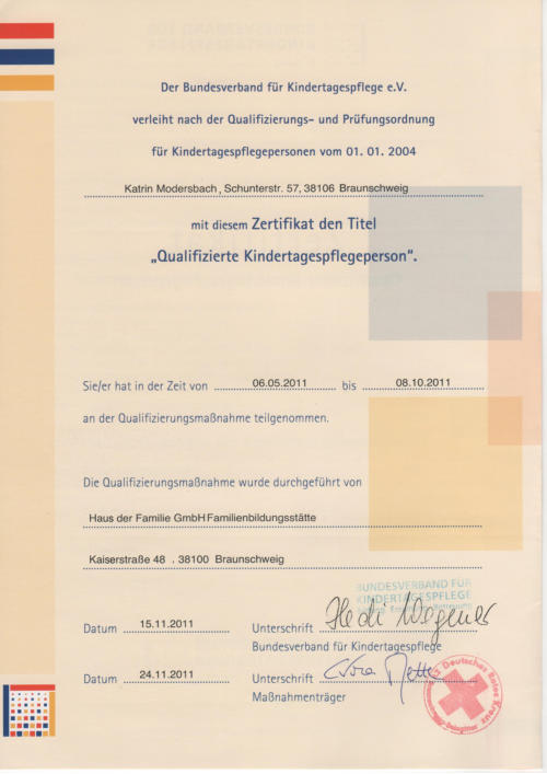 Zertifikat "Qualifizierte Tagespflegeperson" - Katrin Modersbach
